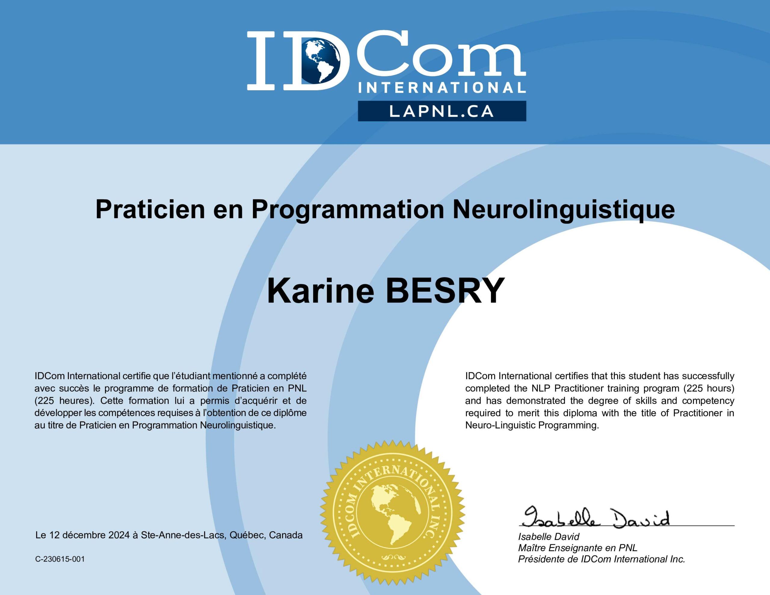 diplôme PNL Karine Besry