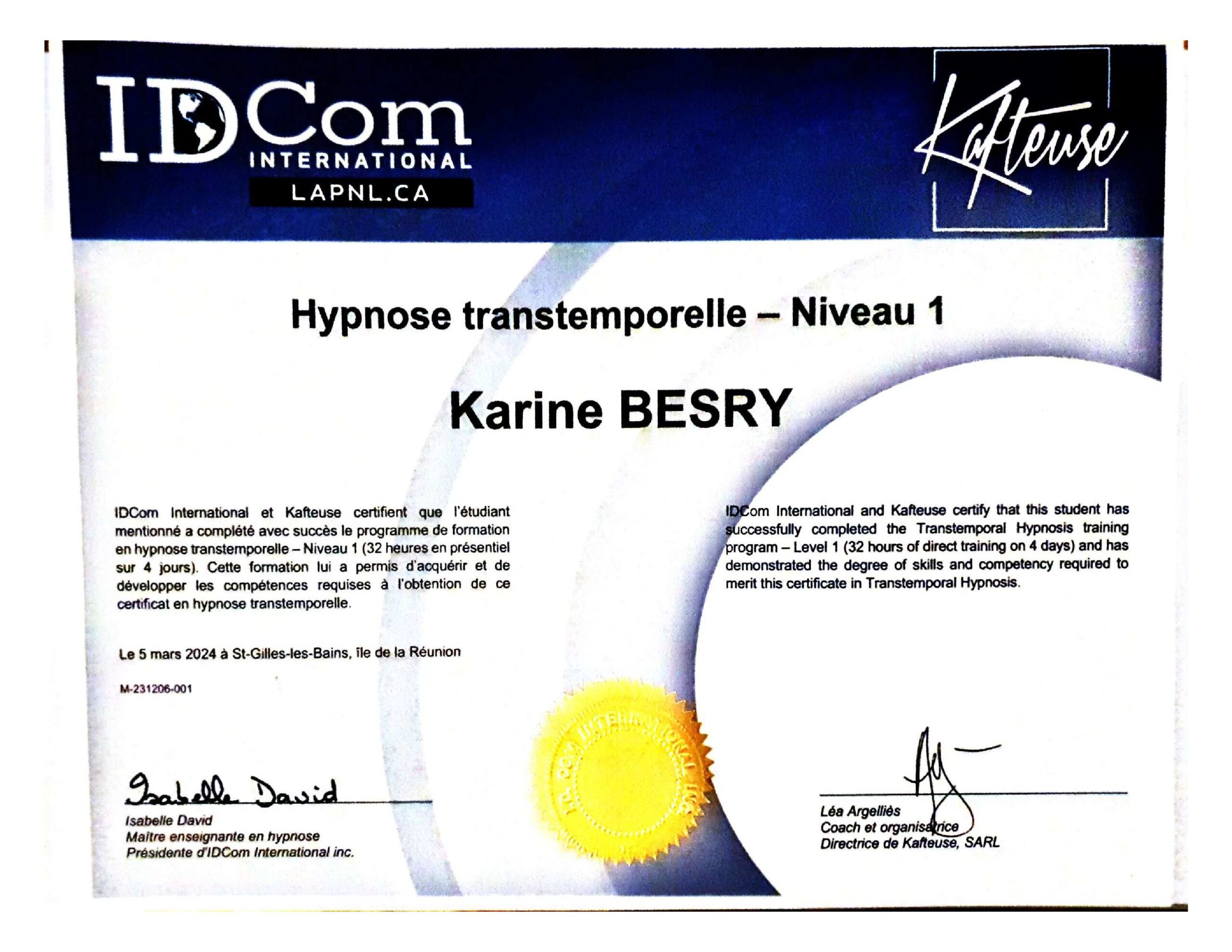 hypnose transtemporelle diplôme karine besry